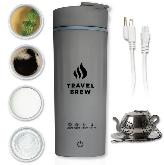 A gray portable travel kettle with included tea infuser and power chord, all by the brand Travel Brew. Includes images of the kettle boiled, with temperature settings, and a detachable cord.