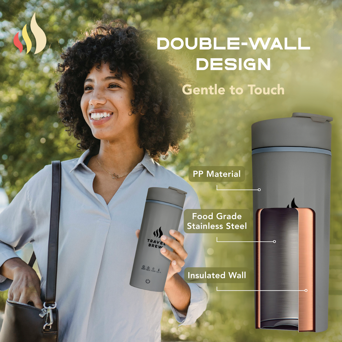 Woman holding Travel Brew's gray insulated portable electric kettle with product features highlighted, outdoors.