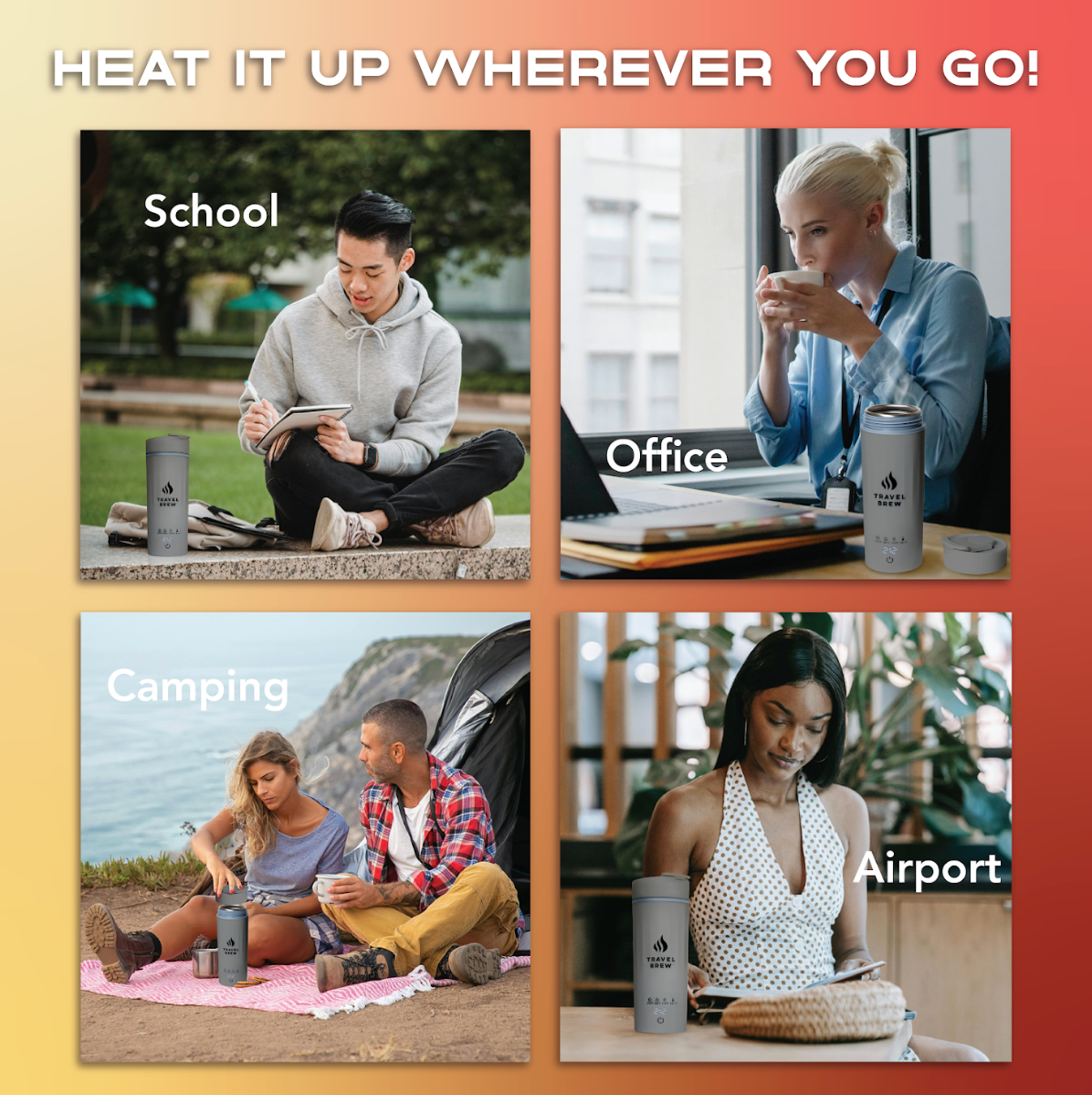 Collage of people using the gray Travel Brew kettle labeled 'Heat It Up Wherever You Go' in various settings.