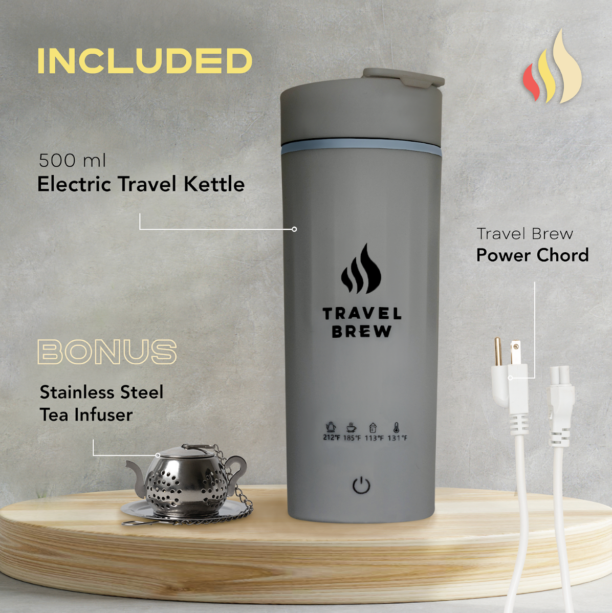 Travel Brew's gray electric portable kettle showing that it includes a stainless steel tea infuser and power cord.