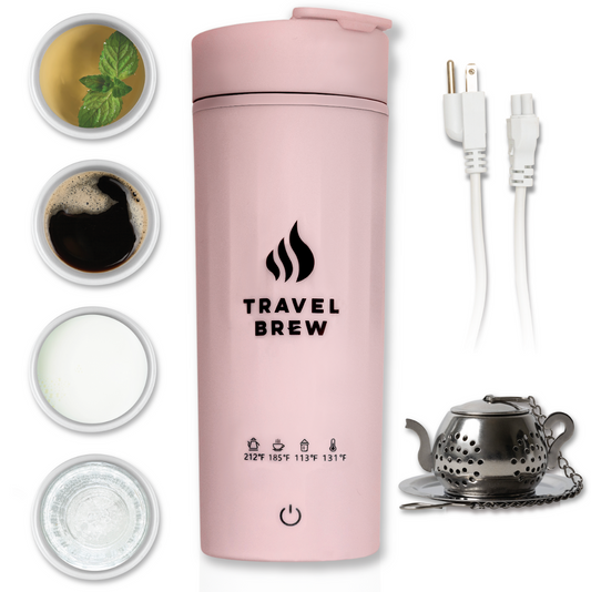 A pink portable travel kettle with included tea infuser and power chord, all by the brand Travel Brew. Includes images of the kettle boiled, with temperature settings, and a detachable cord.