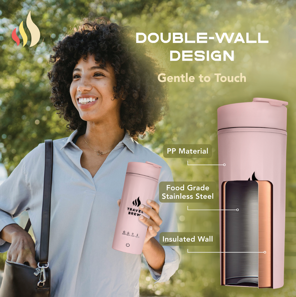 Woman holding Travel Brew's pink insulated portable electric kettle with product features highlighted, outdoors.