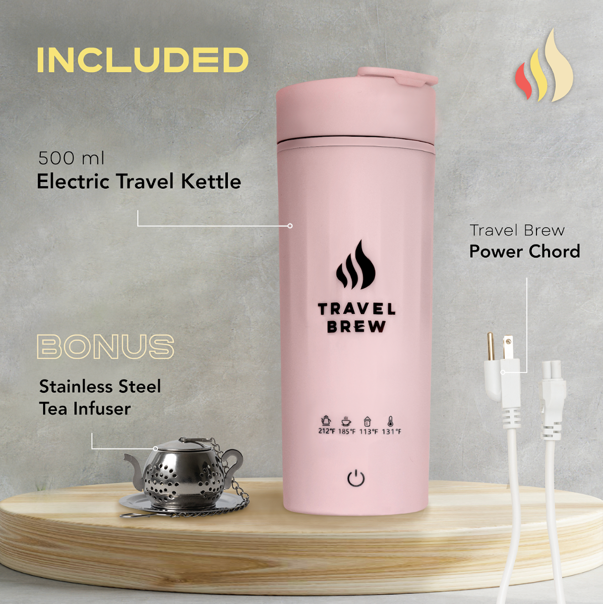 Travel Brew's pink electric portable kettle showing that it includes a stainless steel tea infuser and power cord.