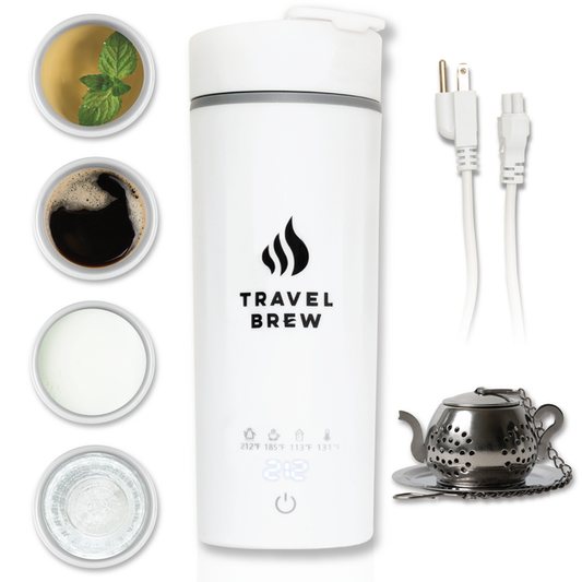 A white portable travel kettle with included tea infuser and power chord, all by the brand Travel Brew. Includes images of the kettle boiled, with temperature settings, and a detachable cord.