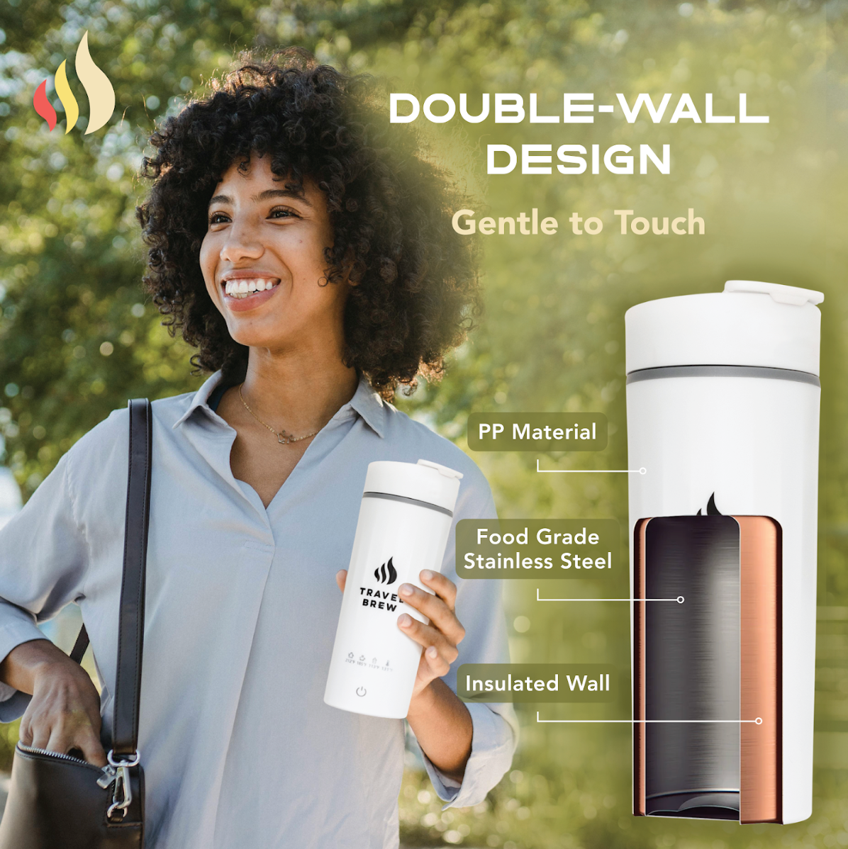 Woman holding Travel Brew's white insulated portable electric kettle with product features highlighted, outdoors.