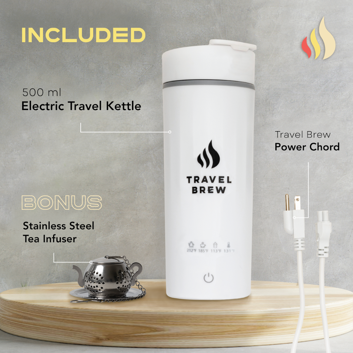 Travel Brew's white electric portable kettle showing that it includes a stainless steel tea infuser and power cord.