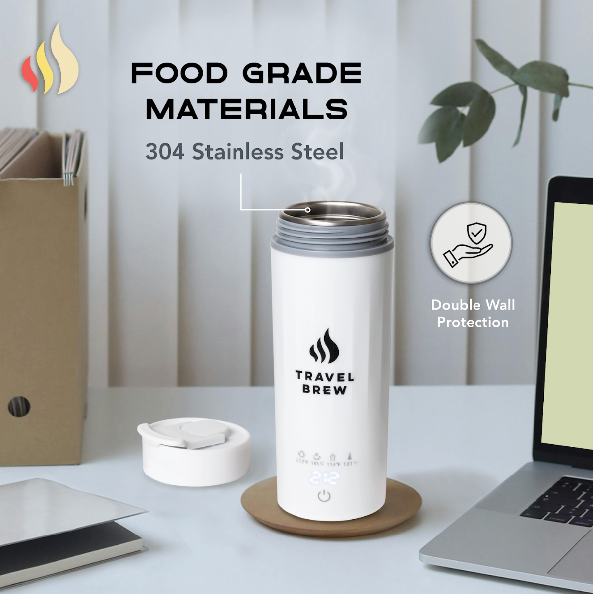 White Travel Brew portable electric kettle open with lid on a desk, branding and text about food grade materials.